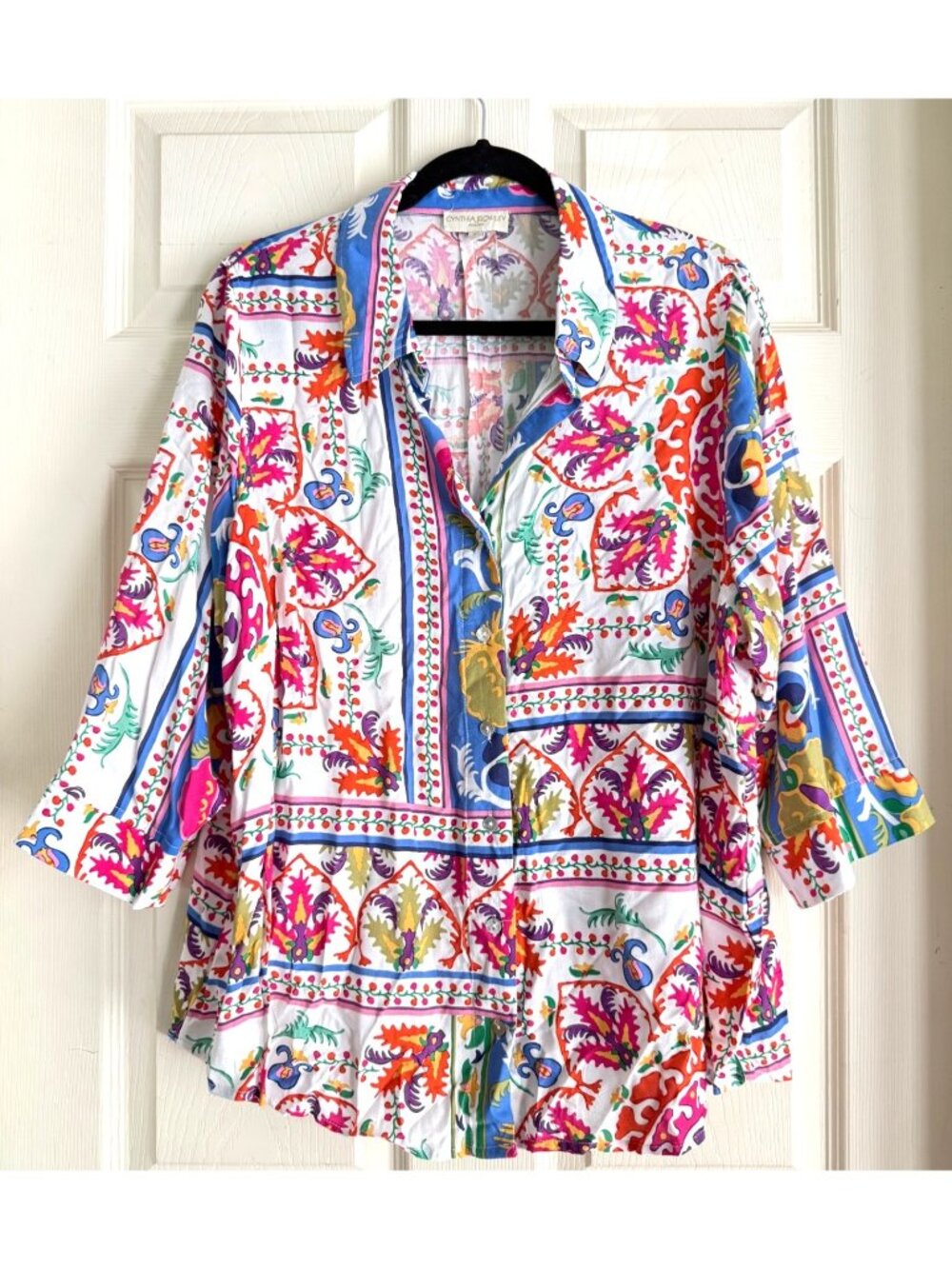size 1X Cynthia Rowley Multicolor Floral Print Button-Down Shirt 3/4 Sleeves 100